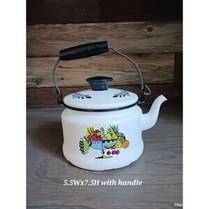 Vintage retro Bergen enamelware tea pot fruit basket